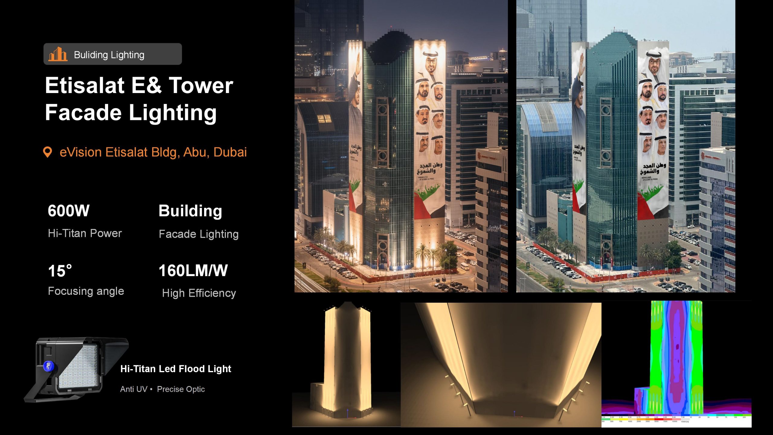 Hi-Titan 600W LED flood lights for Etisalat e and Tower facade lighting project in Dubai UAE